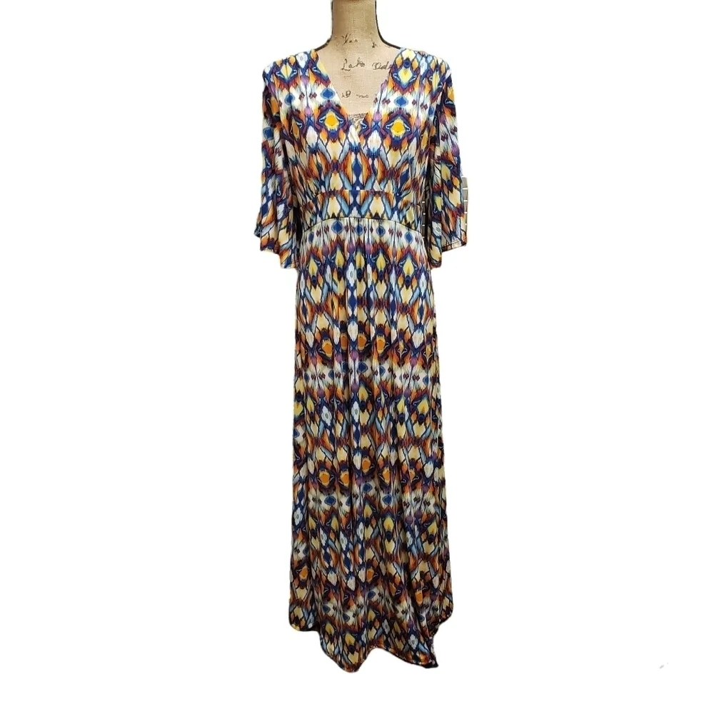 VENUS Multi-color Maxi Dress Cold Shoulder Elbow Length Flutter Sleeve - Picture 3 of 13